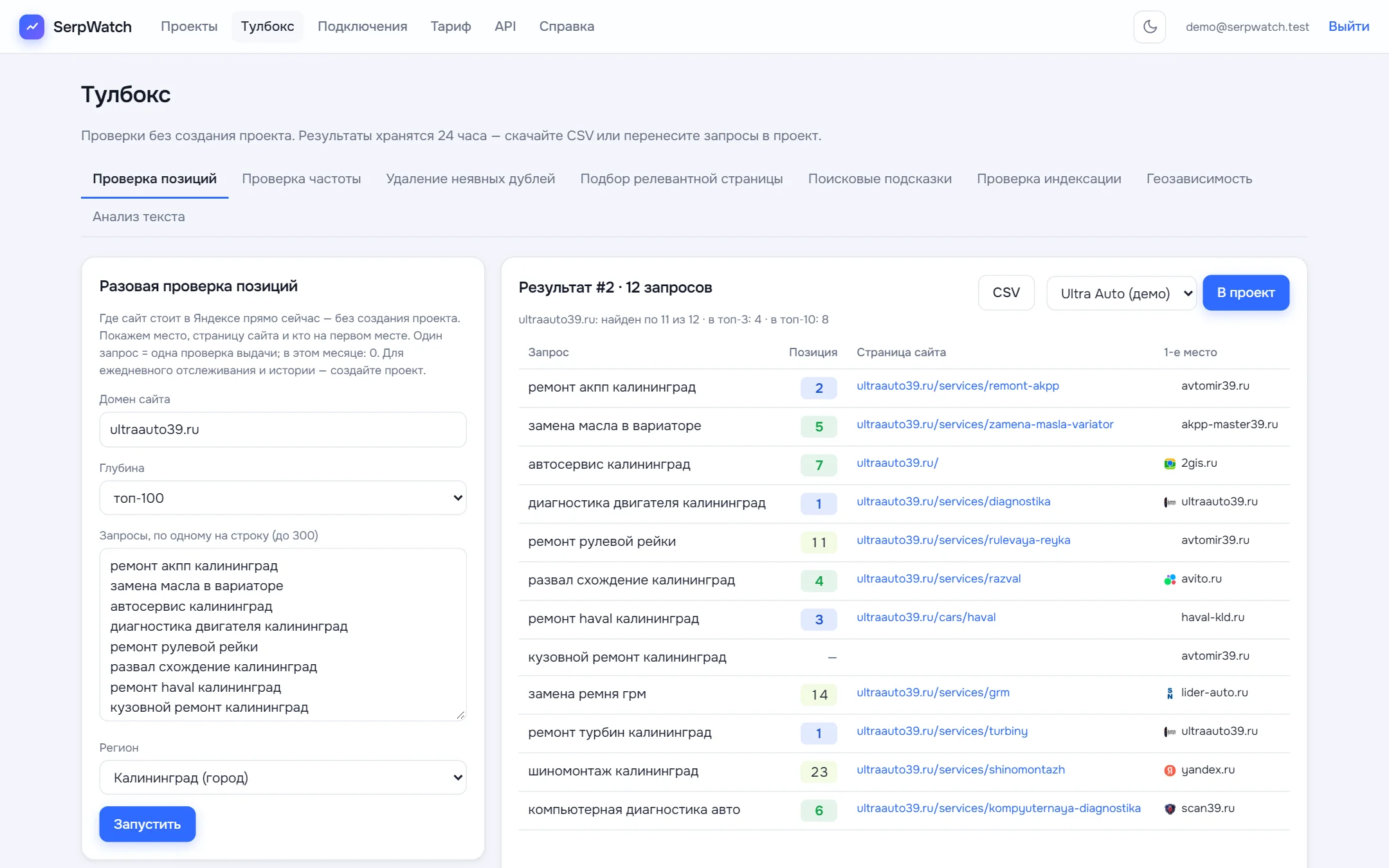 Разовая проверка позиций в SerpWatch