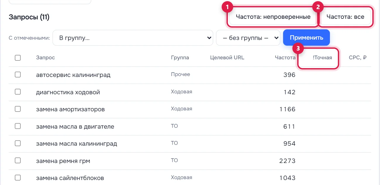 Кнопки проверки частоты (1, 2) и колонка «!Точная» (3)