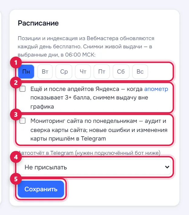 Флажок «Мониторинг сайта по понедельникам» в блоке «Расписание»